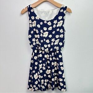 Floral Satin Sleeveless Navy Mini Dress Small